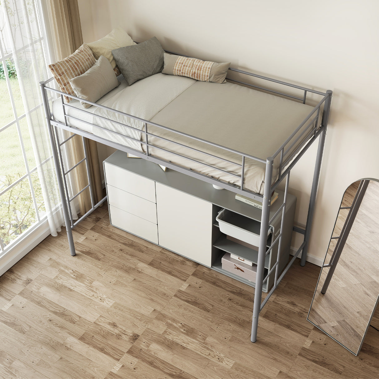 Twin Loft Bed Frame with 2 Ladders Full-length Guardrail