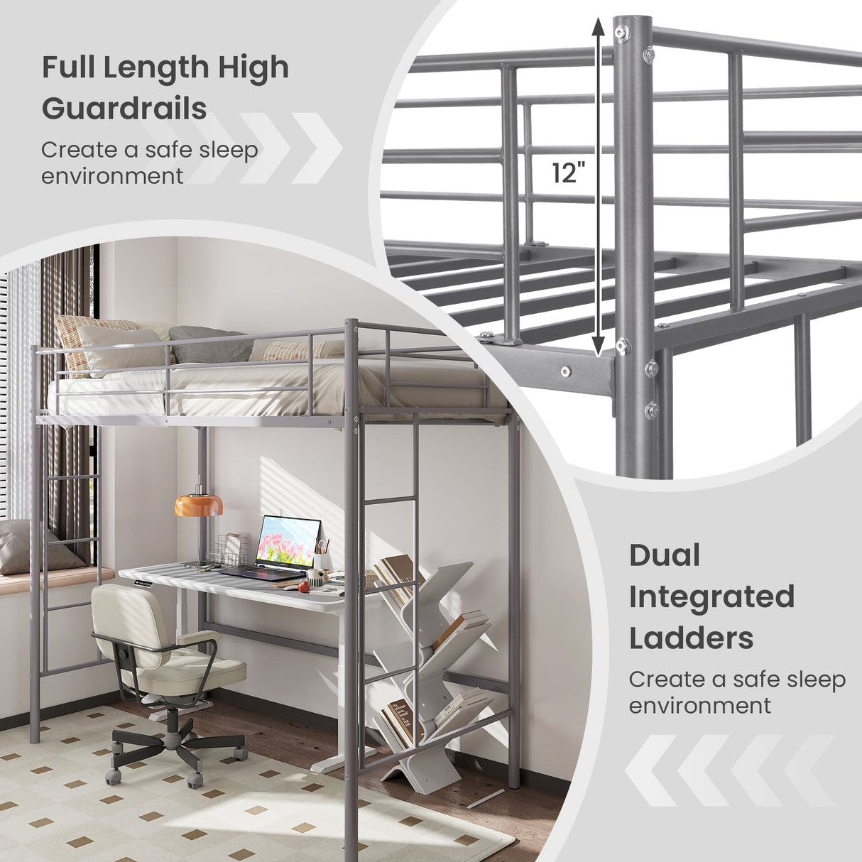 Twin Loft Bed Frame with 2 Ladders Full-length Guardrail