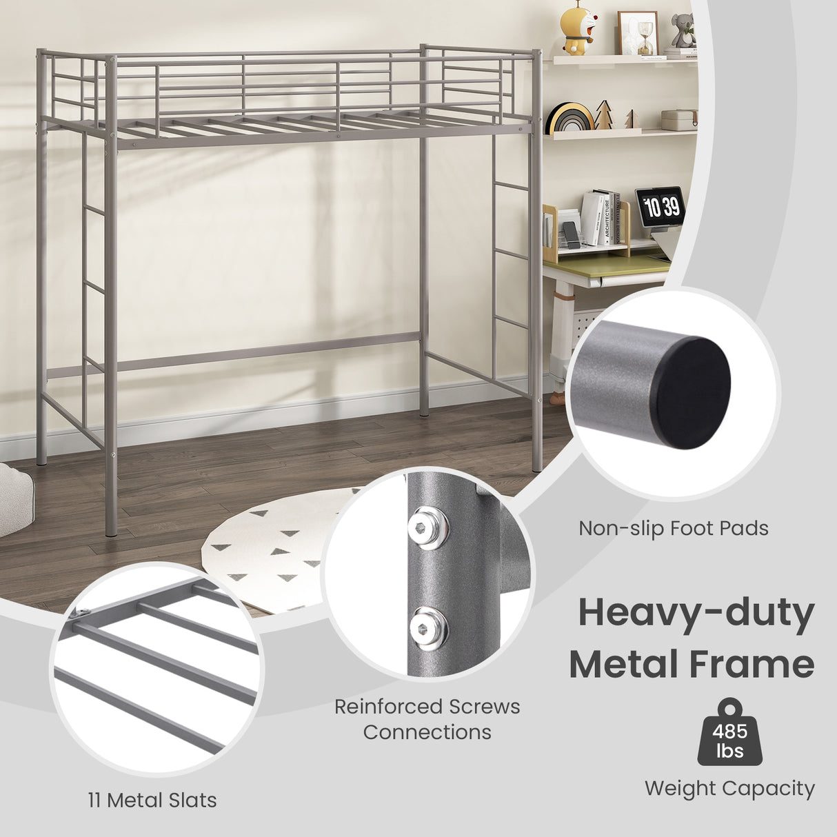Twin Loft Bed Frame with 2 Ladders Full-length Guardrail