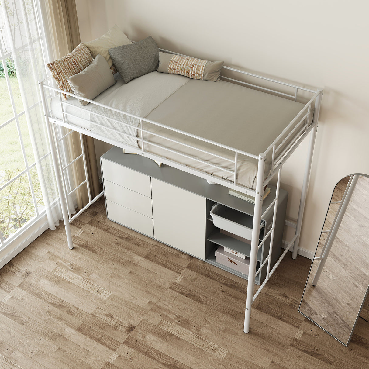 Twin Loft Bed Frame with 2 Ladders Full-length Guardrail