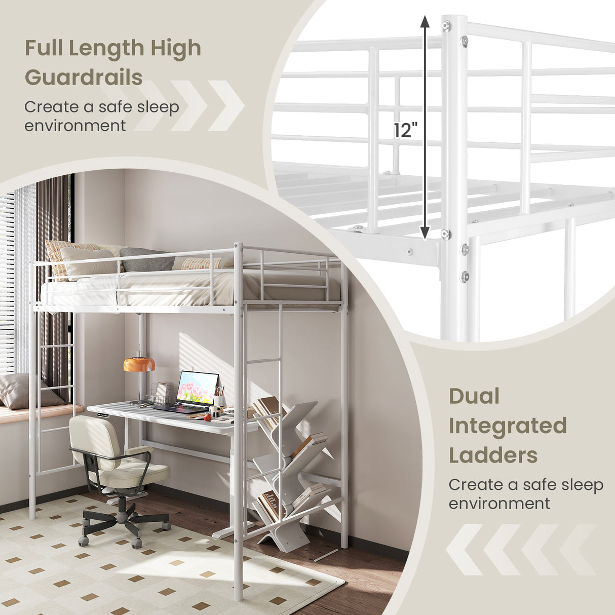 Twin Loft Bed Frame with 2 Ladders Full-length Guardrail