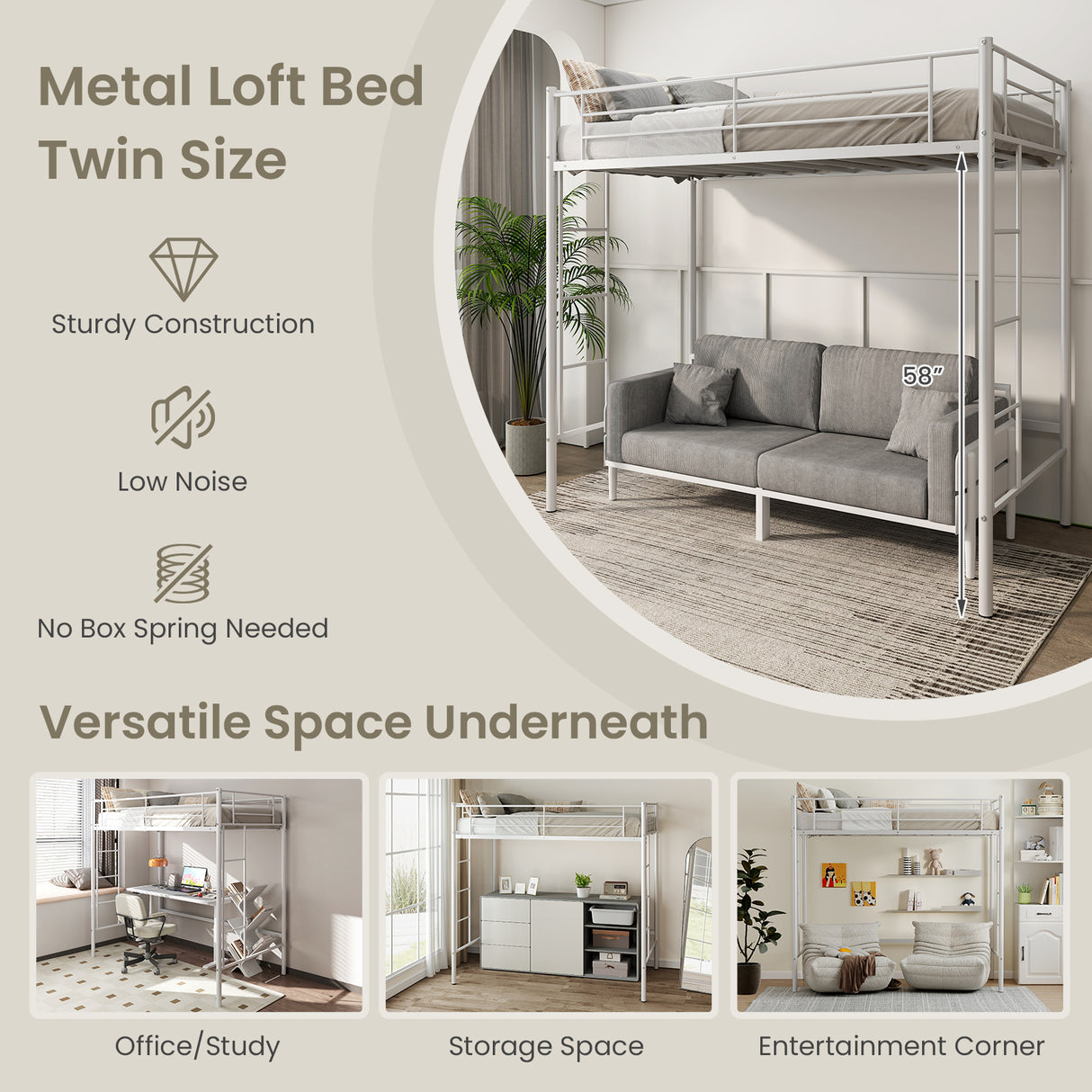 Twin Loft Bed Frame with 2 Ladders Full-length Guardrail