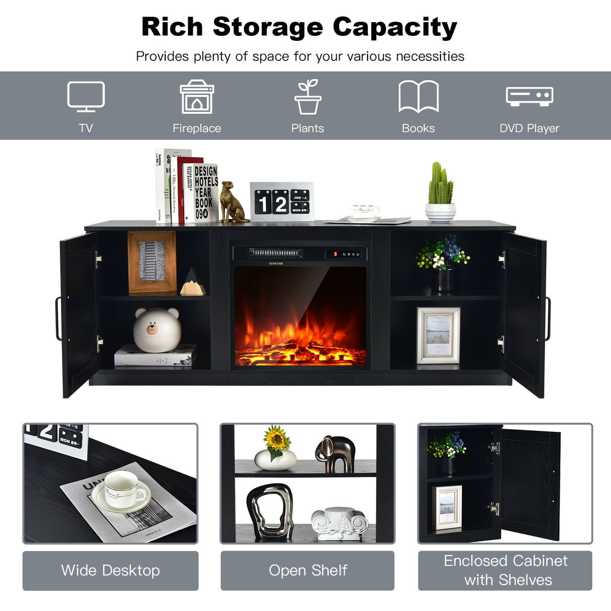 58 Inch TV Stand with 1500W Faux Fireplace for TVs up to 65 Inch