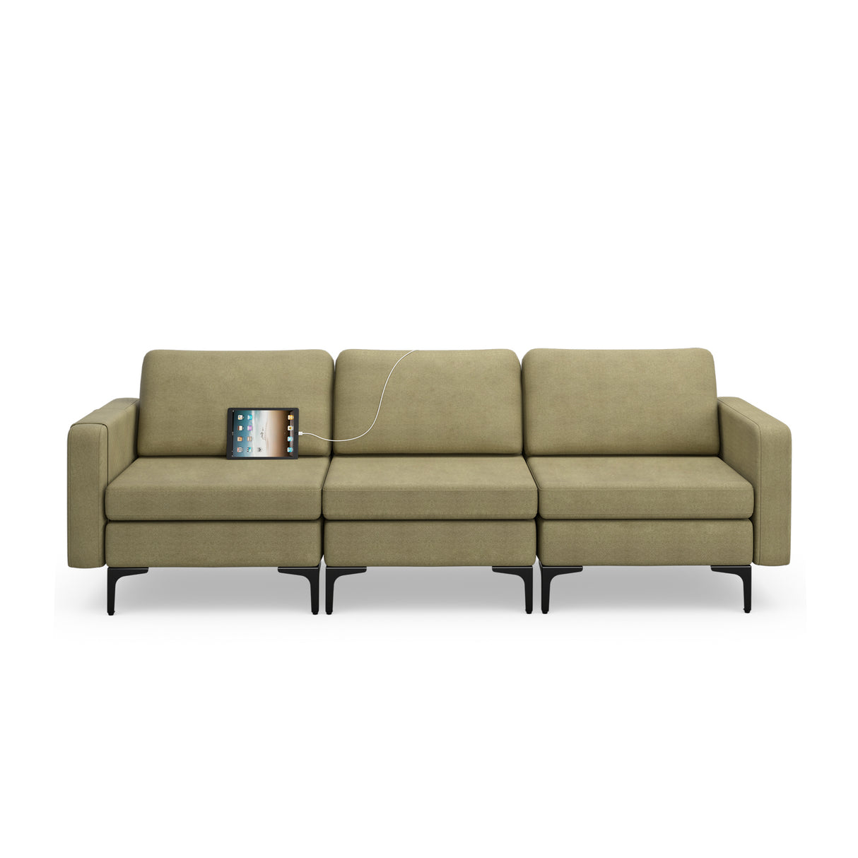 Convertible Leather Sofa Couch with Magazine Pockets 3-Seat with 2 USB Port