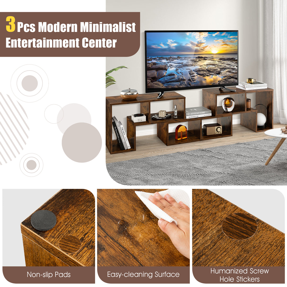 3 Pieces Adjustable TV Stand for TVs up to 65 Inch with Shelves