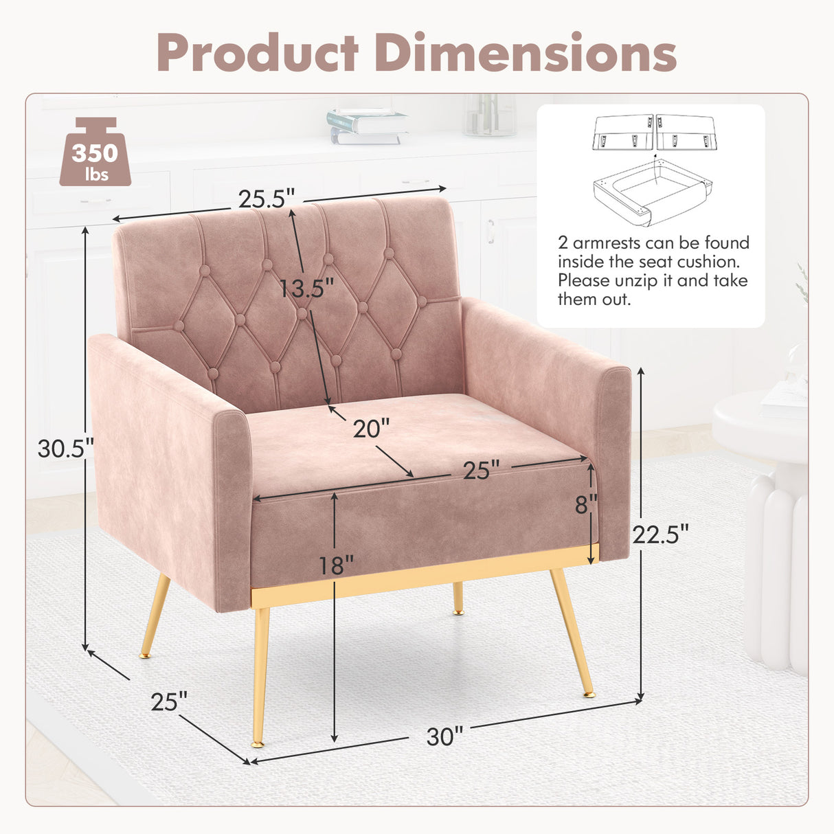 Modern Velvet Accent Chair with Button Tufted Back Golden Metal Legs and Adjustable Foot Pads