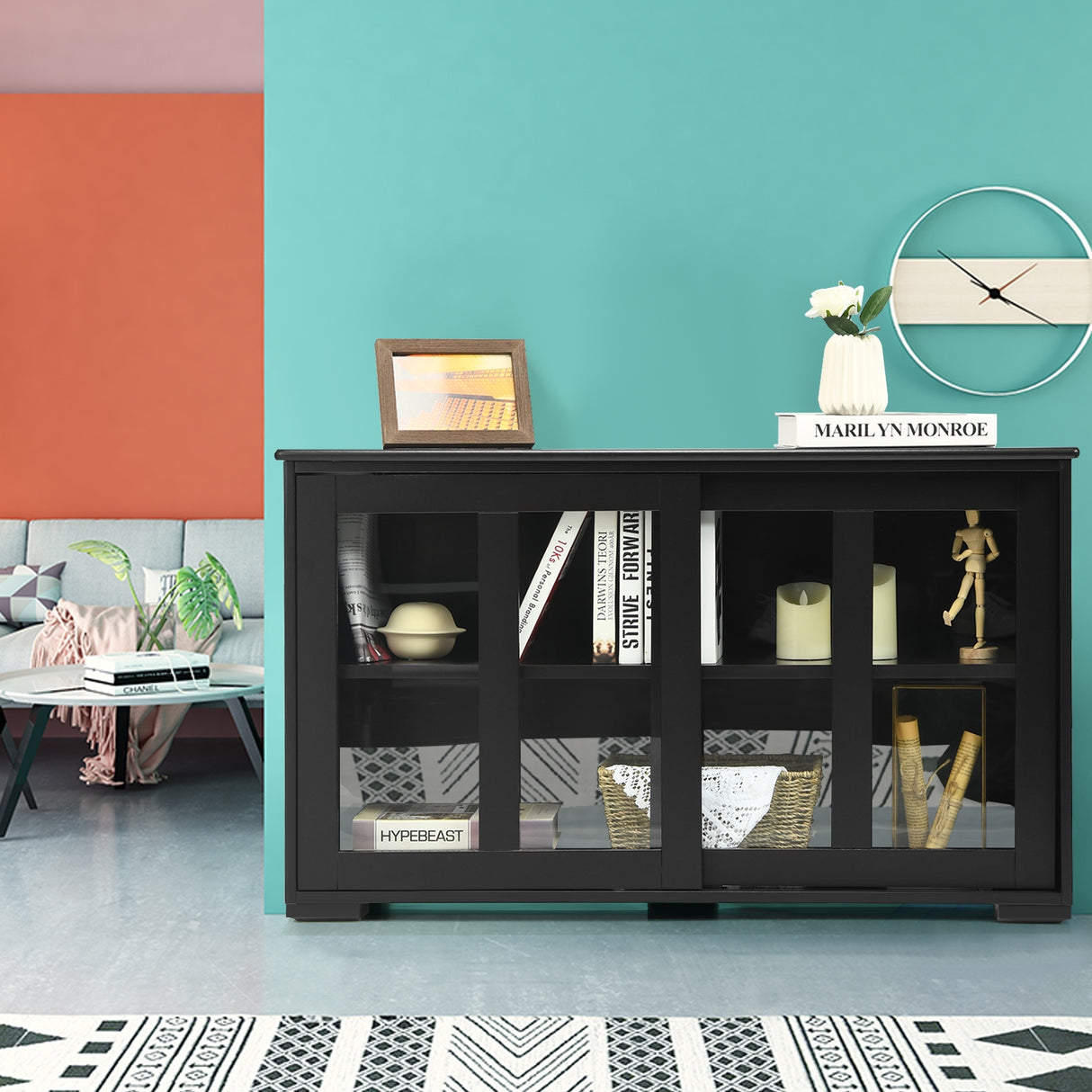 Kitchen Storage Cabinet with Glass Sliding Door