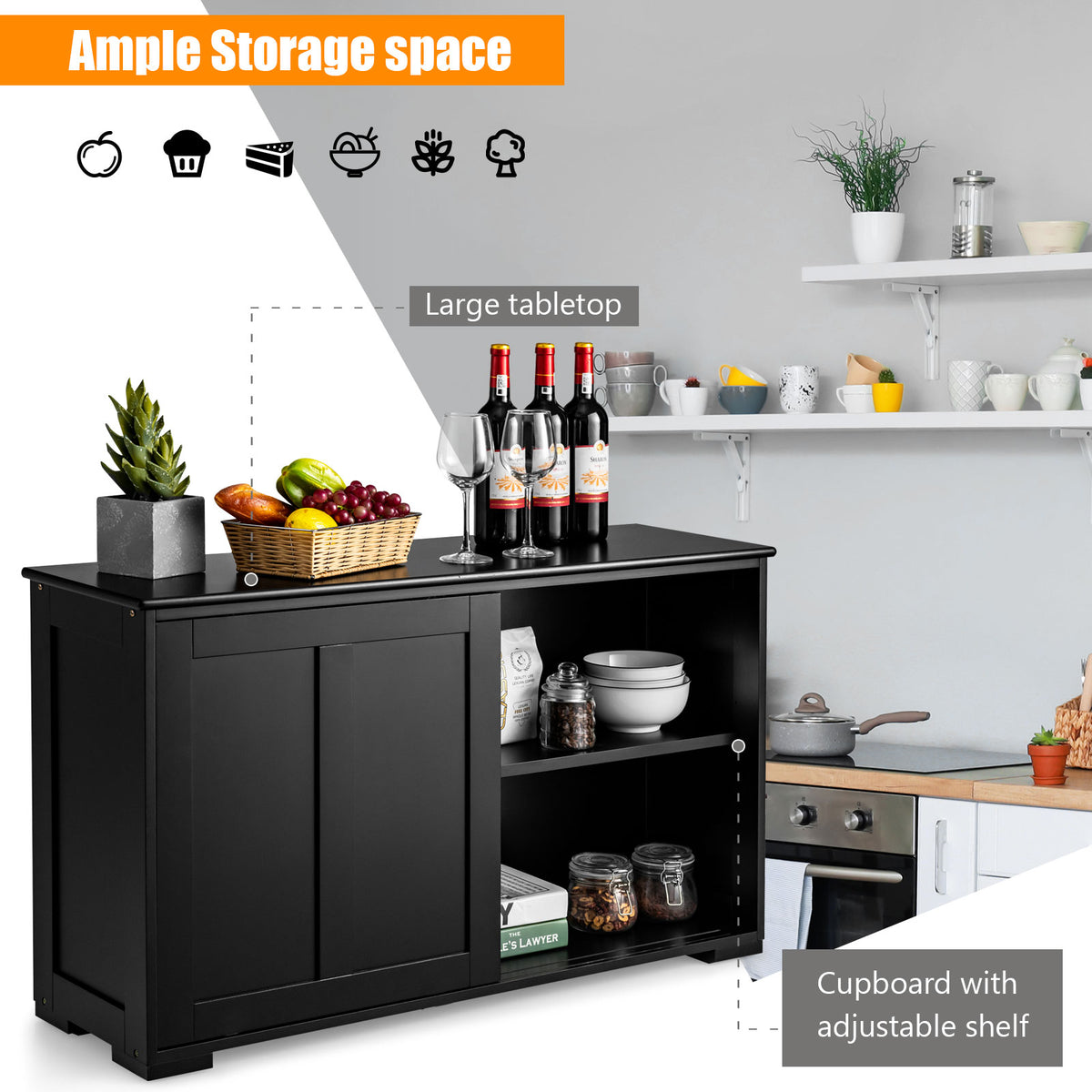 Kitchen Storage Cabinet with Wood Sliding Door
