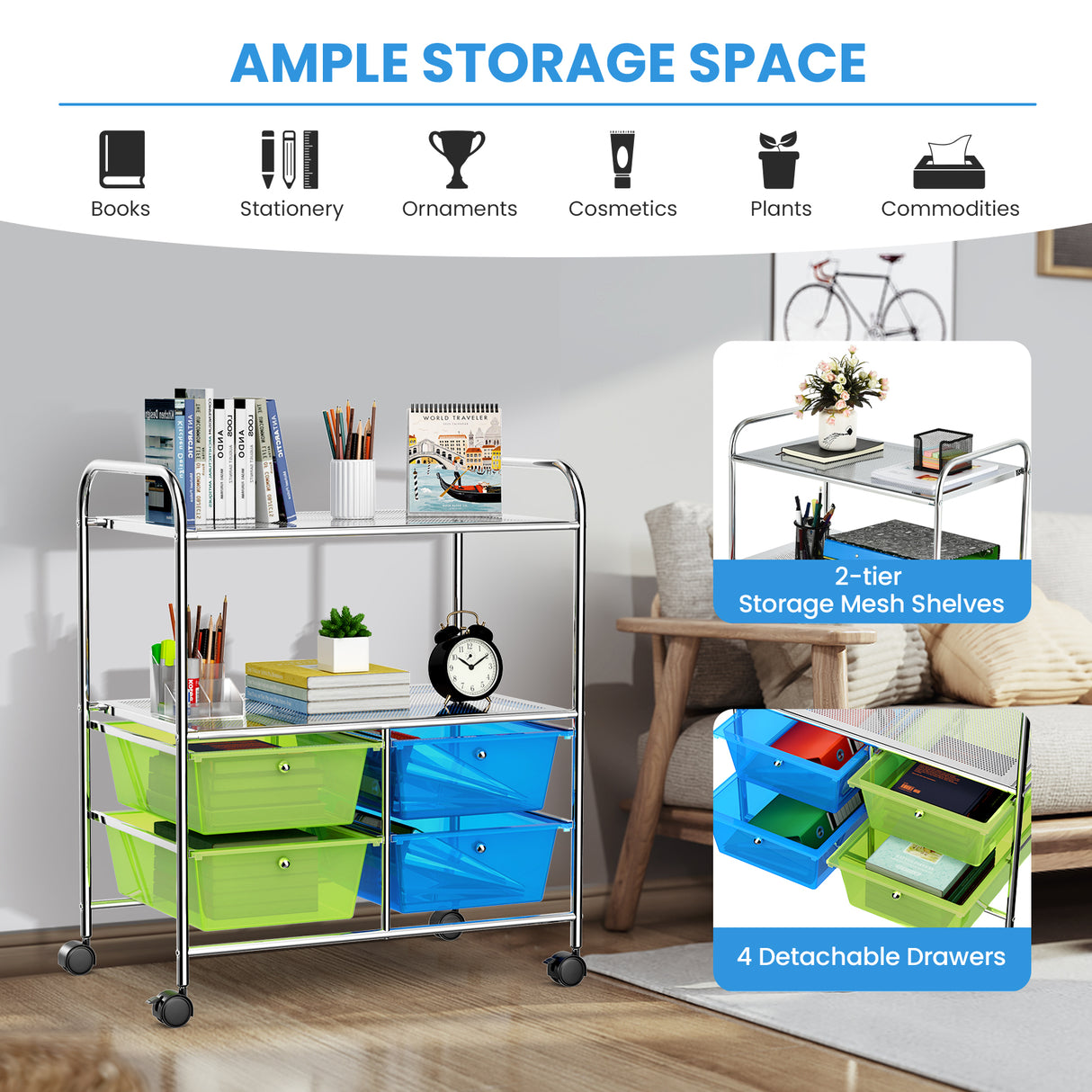 4 Drawers Shelves Rolling Storage Cart Rack