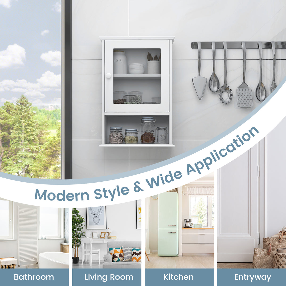 Bathroom Wall Mounted Adjustable Hanging Storage Medicine Cabinet-White