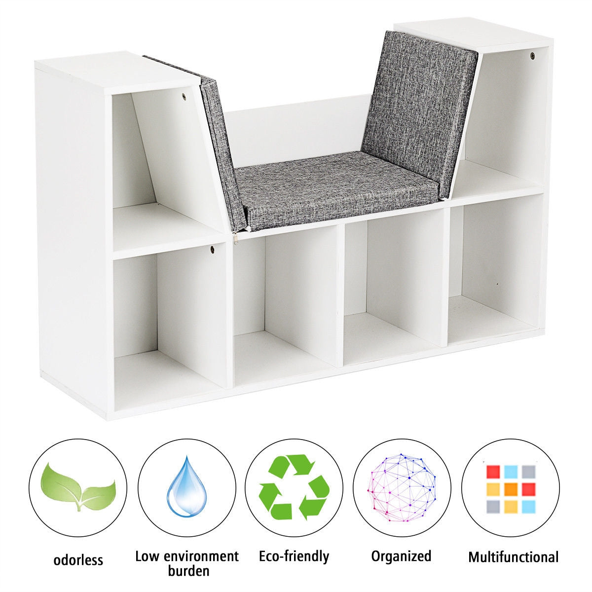6-Cubby Kid Storage Bookcase Cushioned Reading Nook