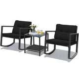 3 Pcs Wicker Rocking Bistro Set with Glass Coffee Table and Storage Shelf