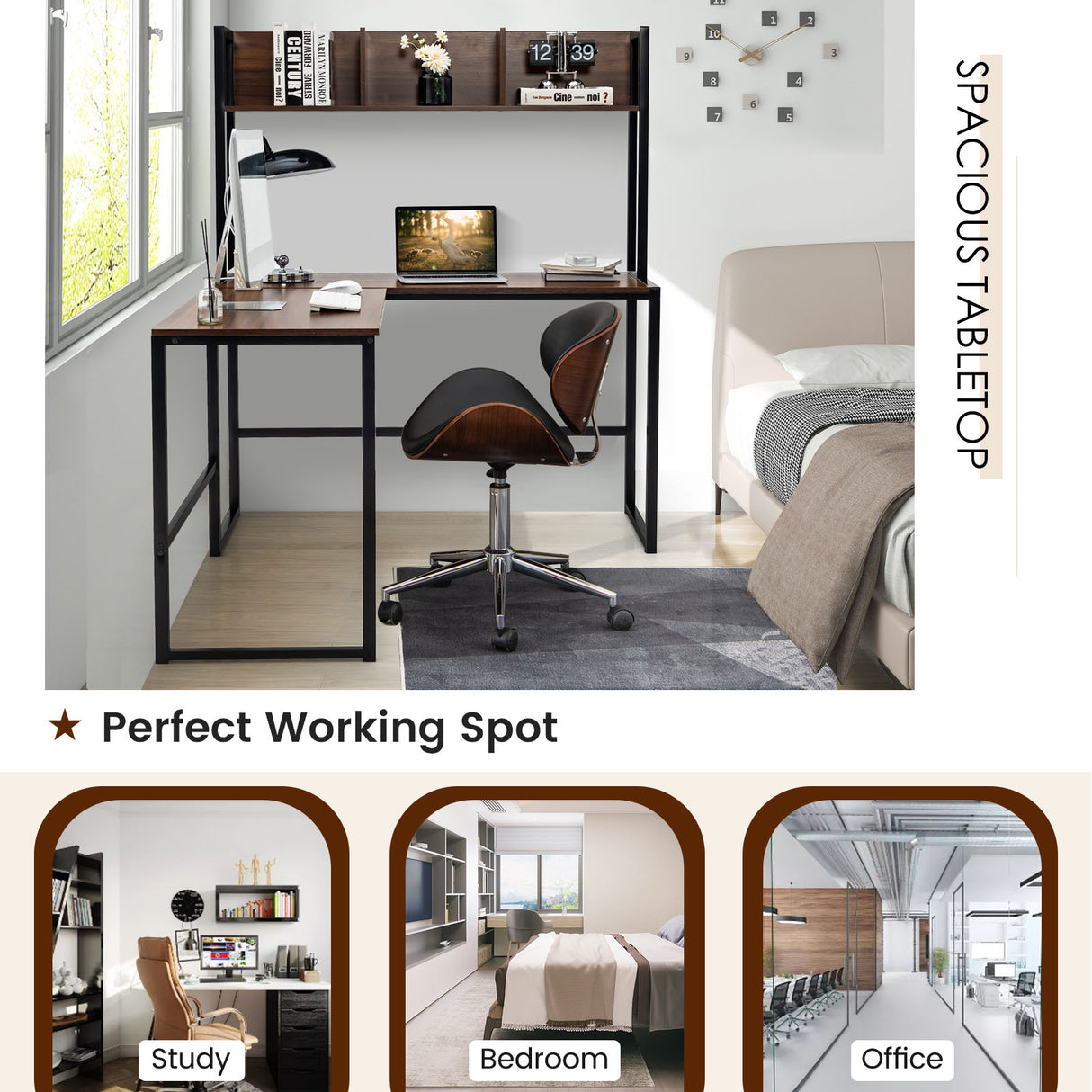 Reversible L-Shaped Corner Desk with Storage Bookshelf