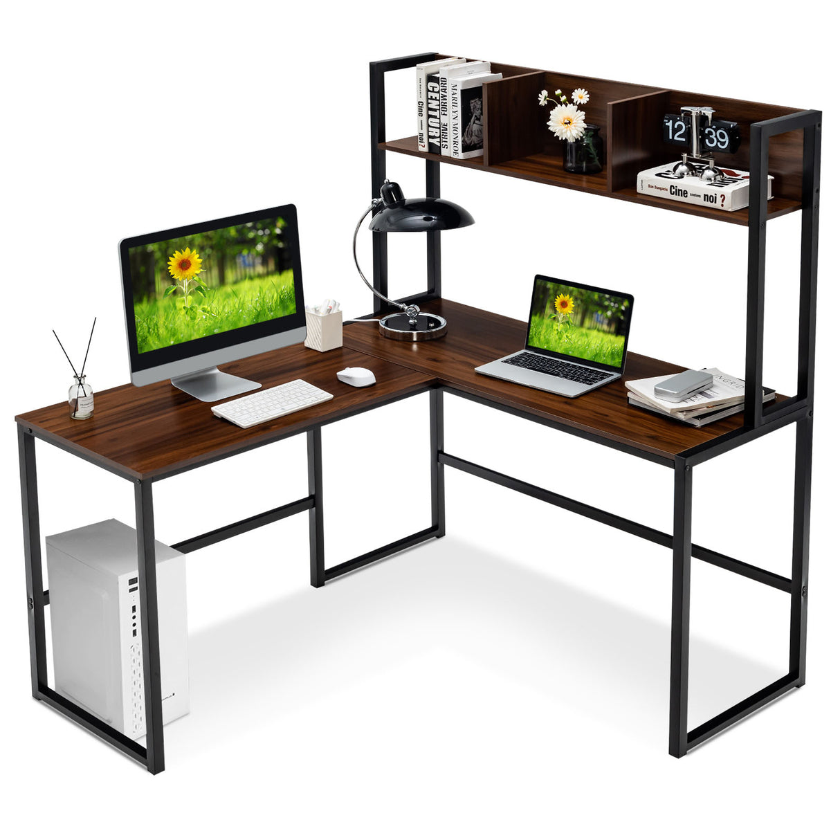 Reversible L-Shaped Corner Desk with Storage Bookshelf