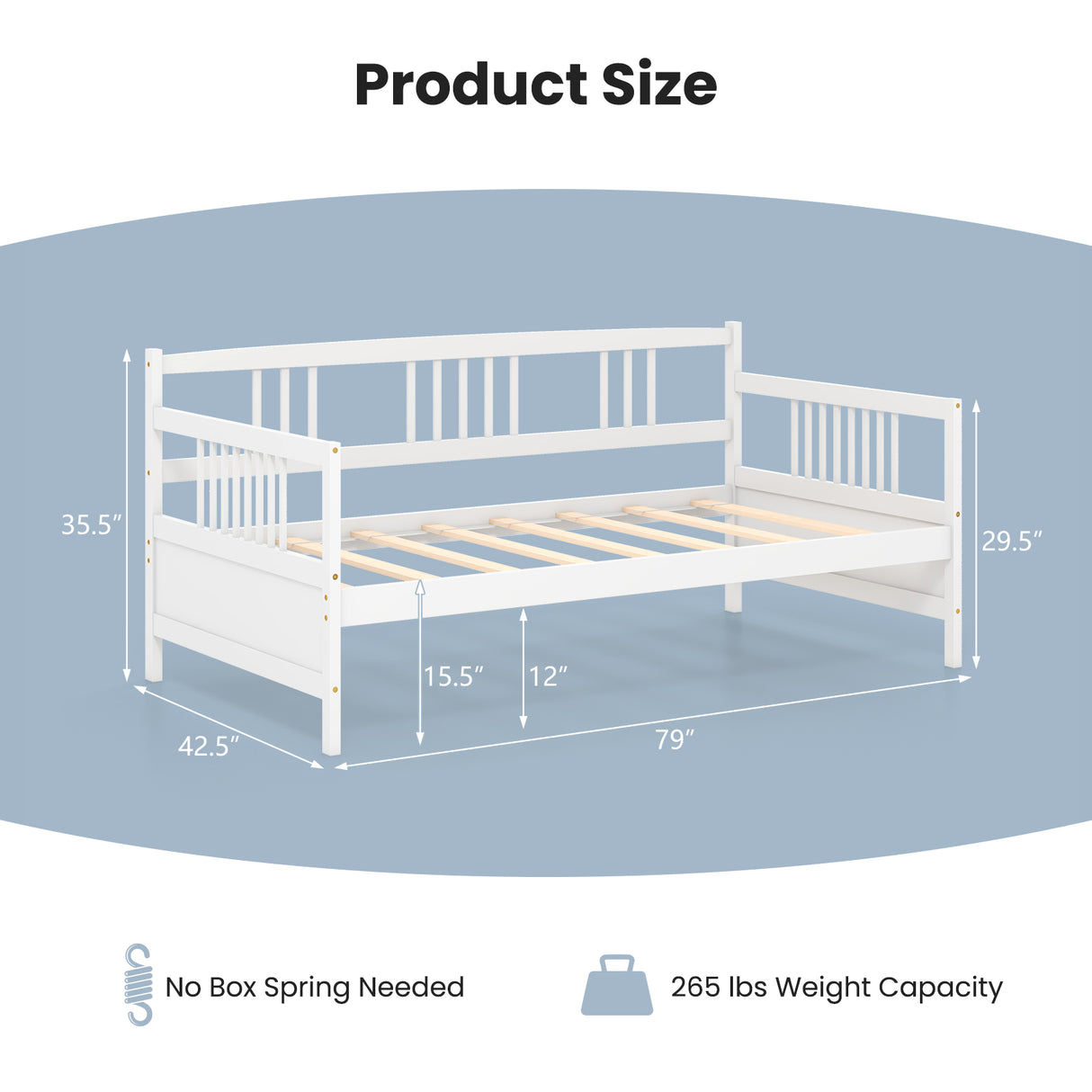 Twin Size Wooden Slats Daybed Bed with Rails