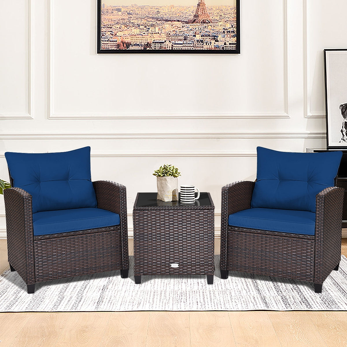 3 Pcs Patio Rattan Furniture Set Cushioned Conversation Set Coffee Table