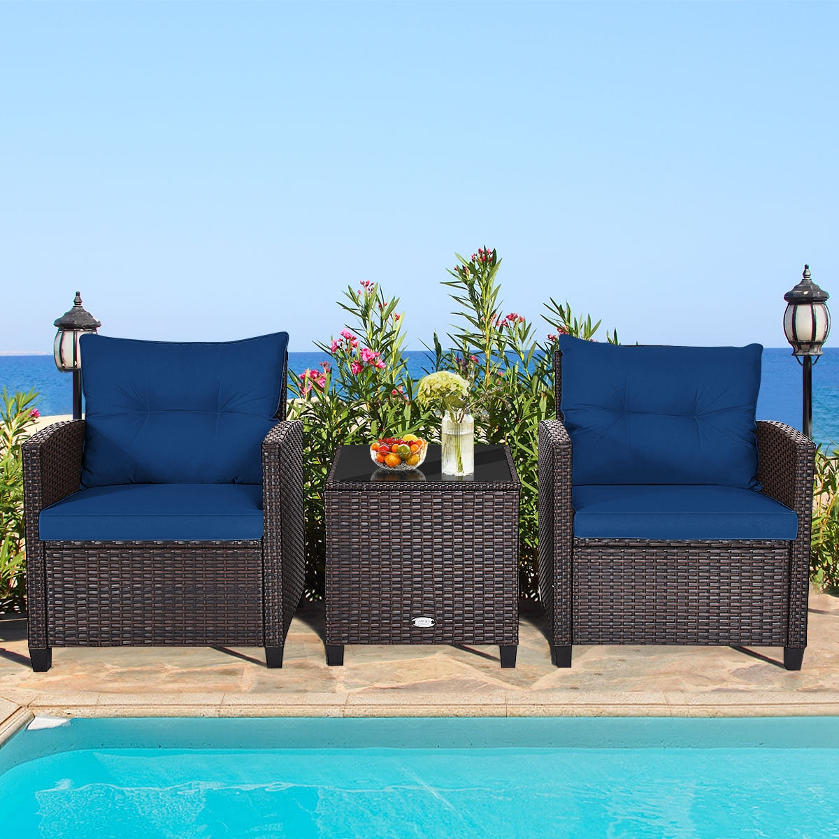 3 Pcs Patio Rattan Furniture Set Cushioned Conversation Set Coffee Table