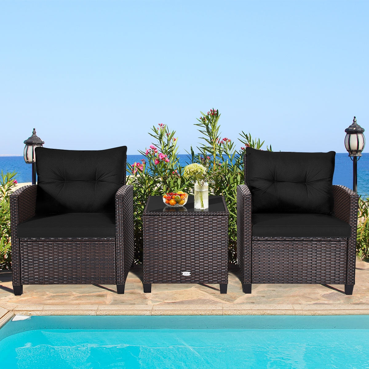 3 Pcs Patio Rattan Furniture Set Cushioned Conversation Set Coffee Table