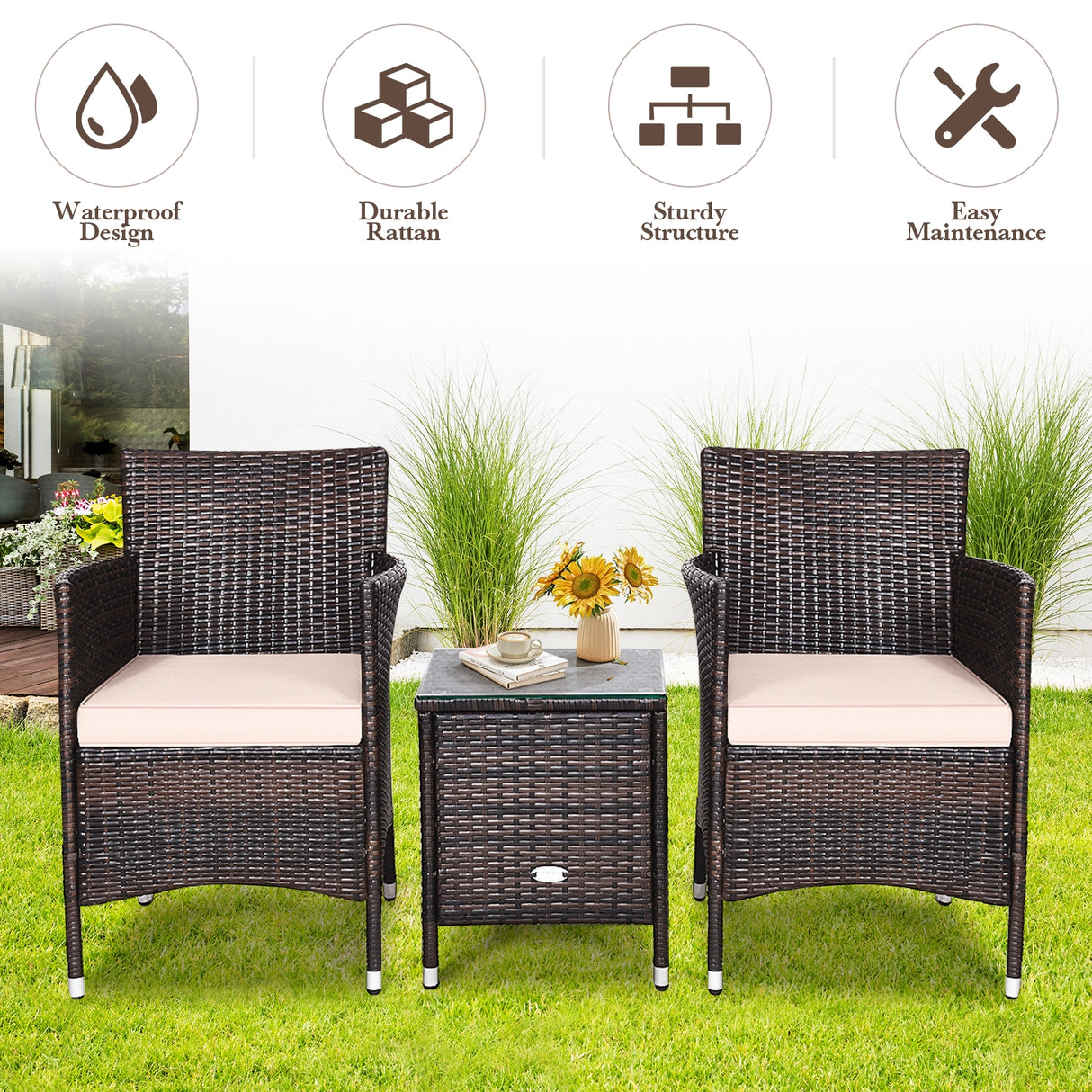 3 Pcs Outdoor Rattan Wicker Furniture Set