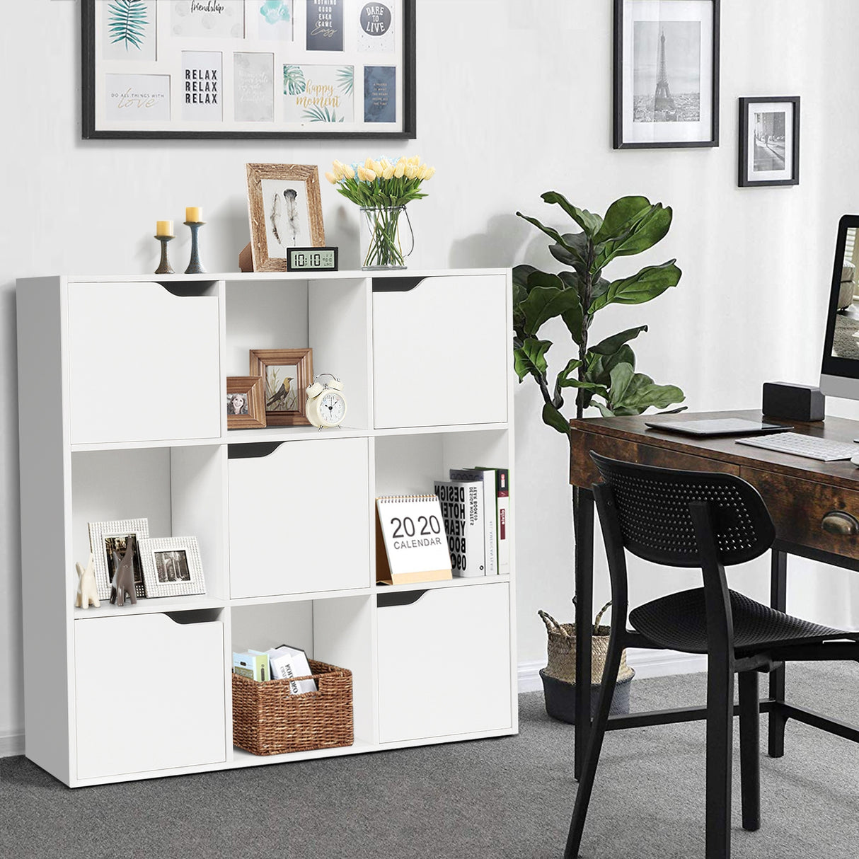 Free Standing 9 Cube Storage Wood Divider Bookcase for Home and Office