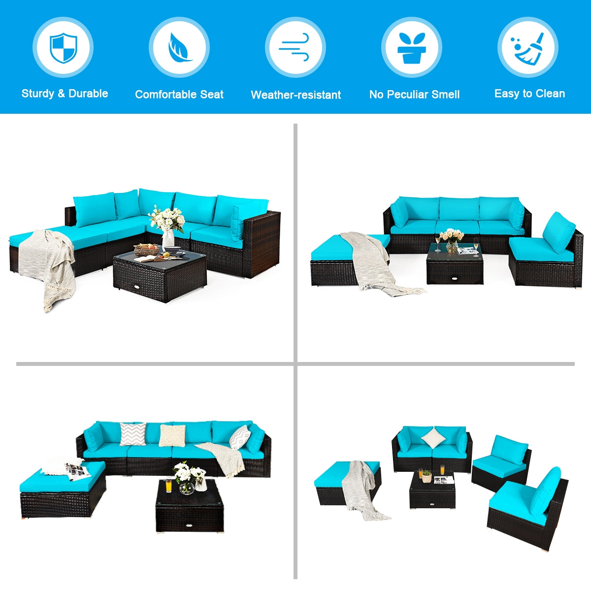 6 Pieces Outdoor Patio Rattan Furniture Set Sofa Ottoman