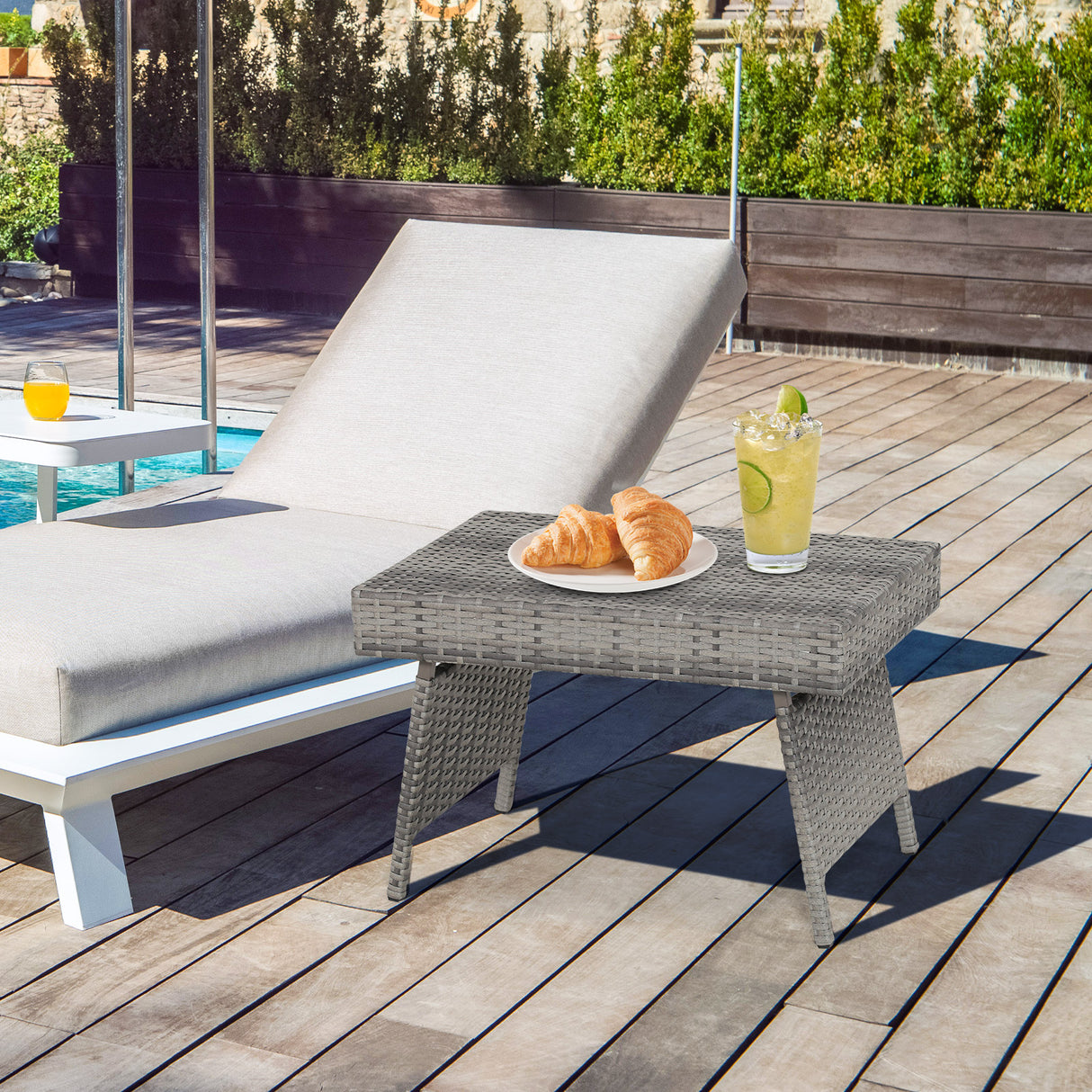 Folding PE Rattan Side Coffee Table Patio Garden Furniture