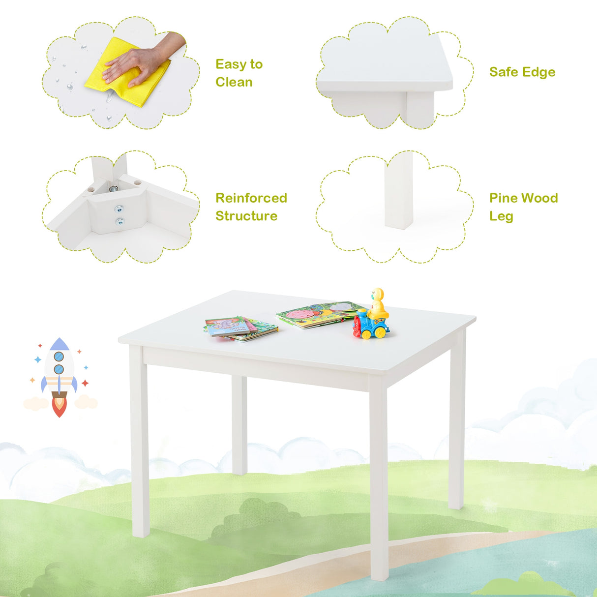 5 pcs Kids Pine Wood Multicolor Table Chair Set