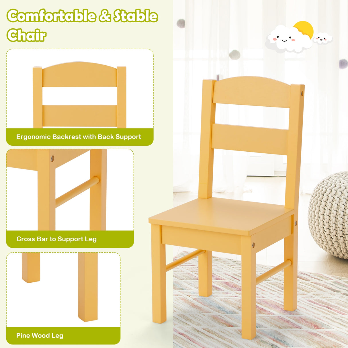 5 pcs Kids Pine Wood Multicolor Table Chair Set