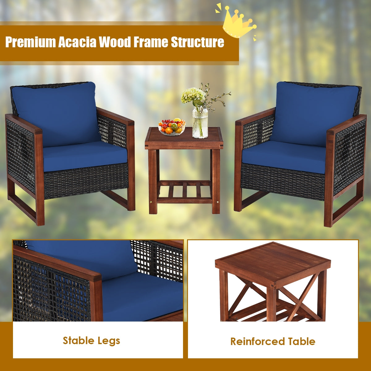 3 Pieces Patio Wicker Furniture Set with Washable Cushion and Acacia Wood Coffee Table