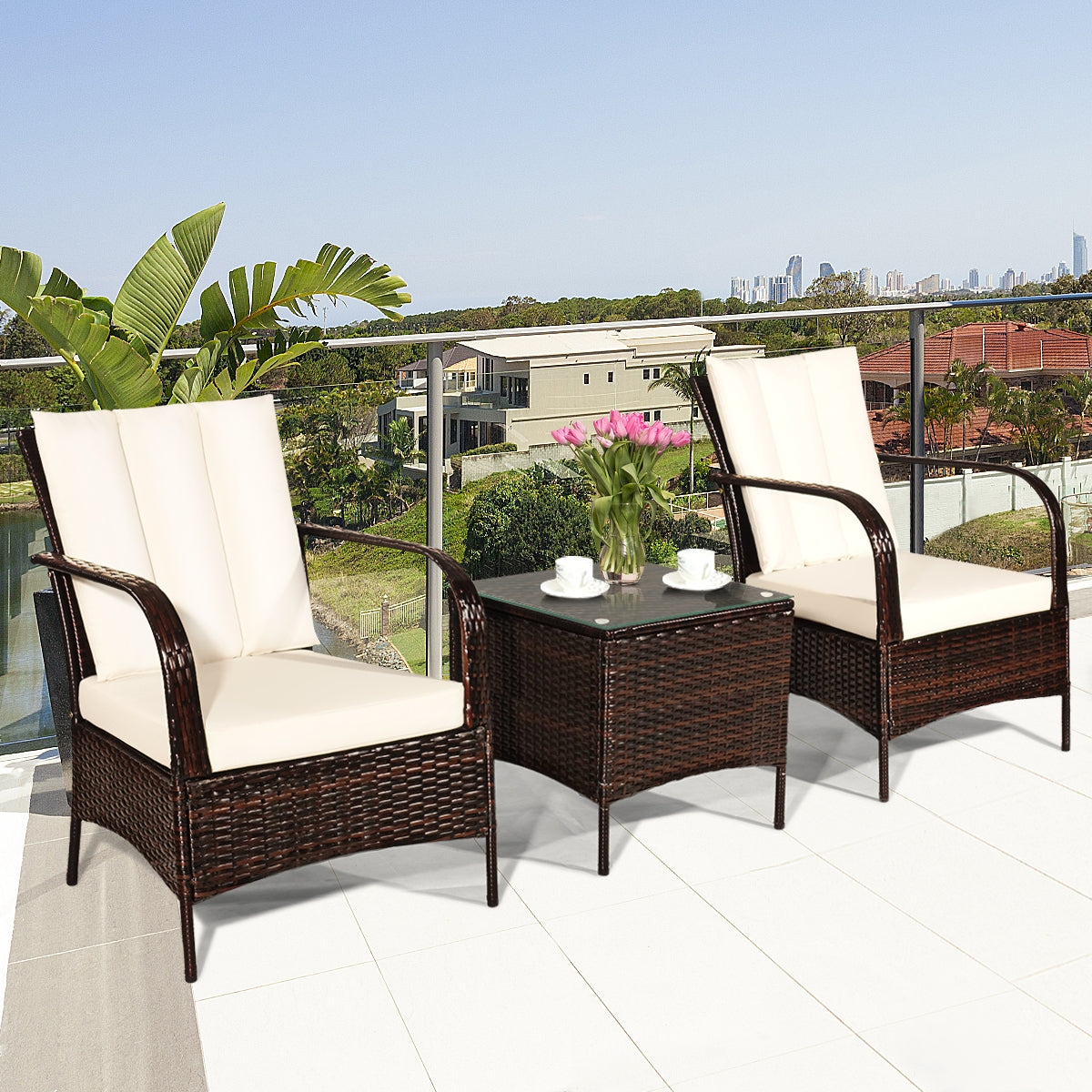 3 Pcs Patio Conversation Rattan Furniture Set with Glass Top Coffee Table and Cushions