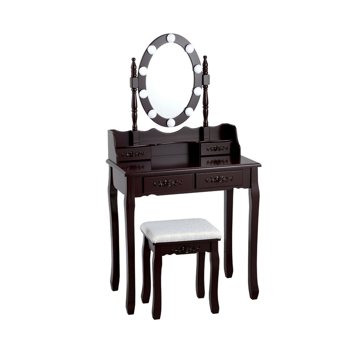 Makeup Dressing Table with Touch Switch Lighted Mirror and Cushioned Stool