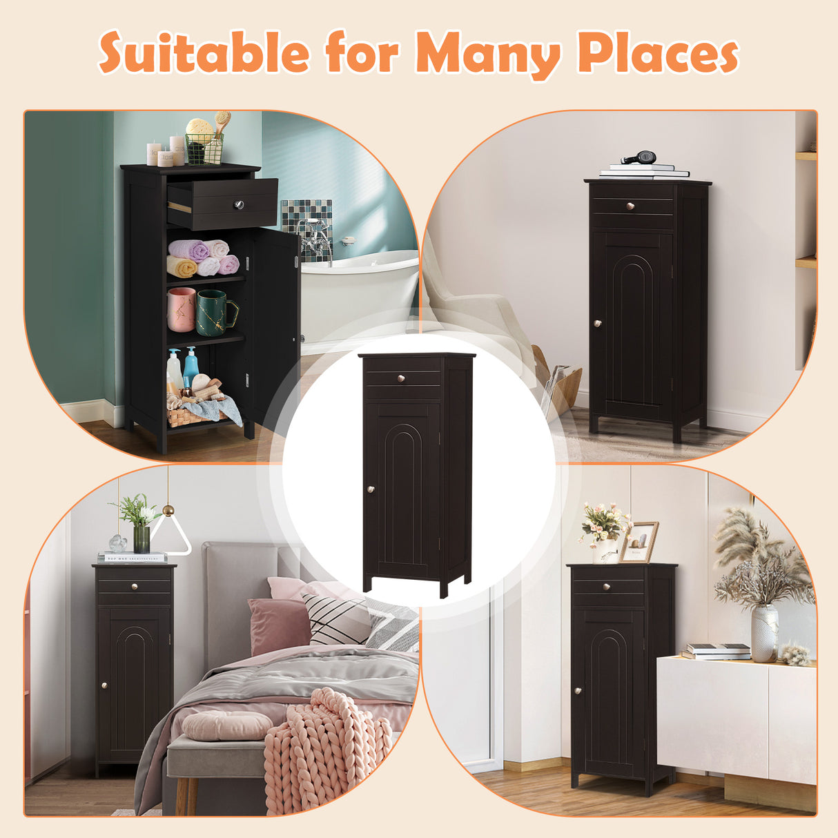Wooden Storage Free-Standing Floor Cabinet with Drawer and Shelf