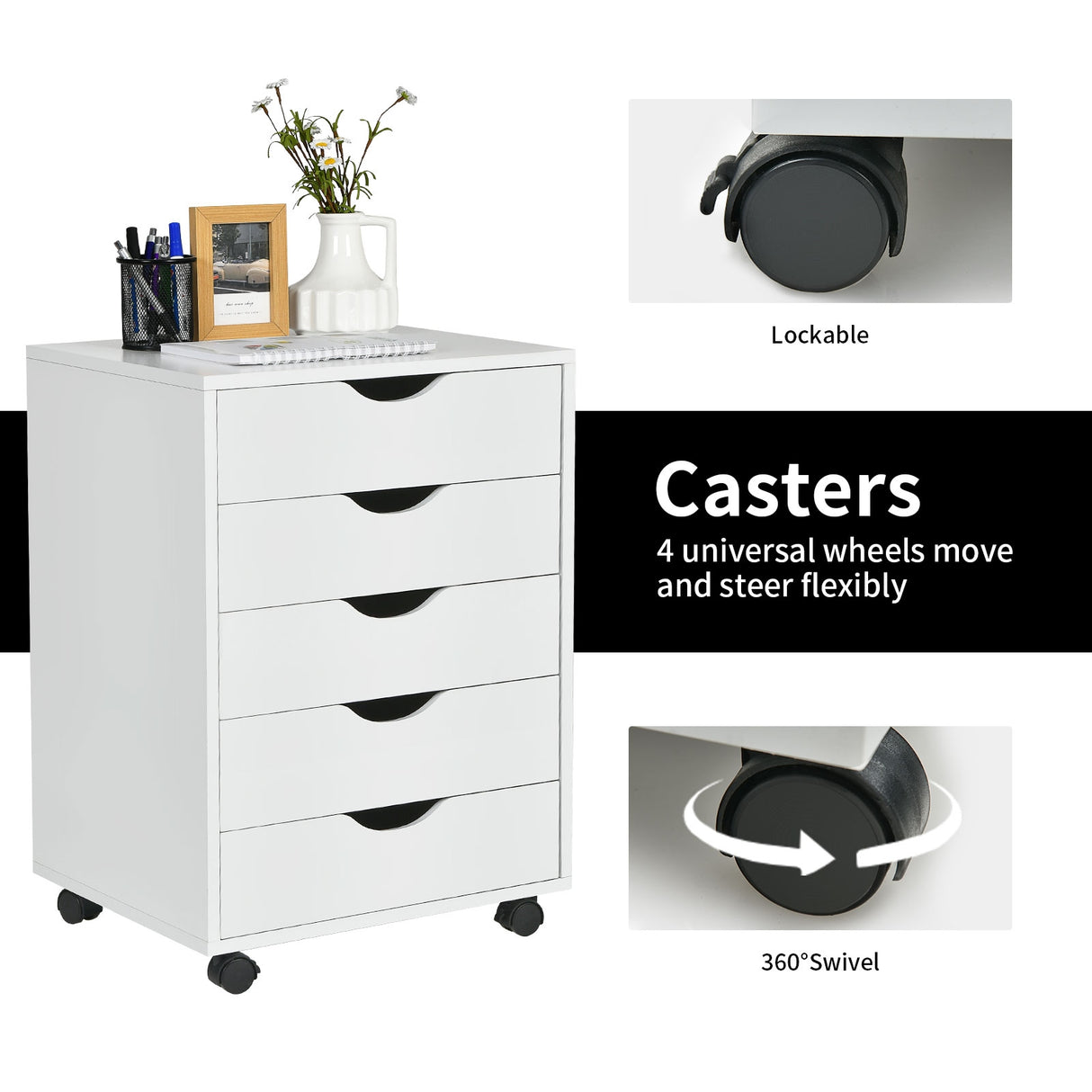 5 Drawer Dresser Storage Cupboard Chest with Wheels for Home Office