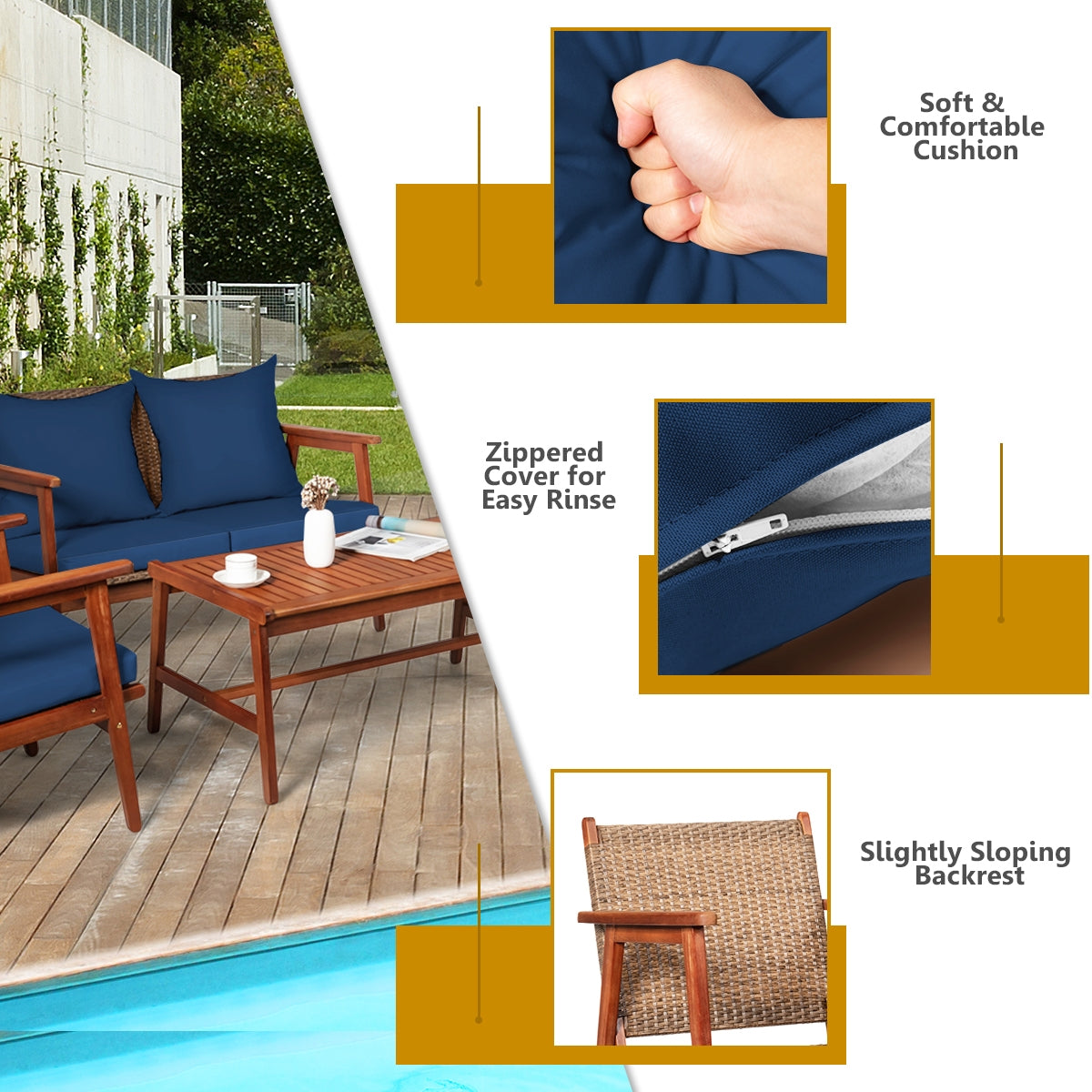 4 Pieces Acacia Wood Patio Rattan Furniture Set with Zippered Cushions