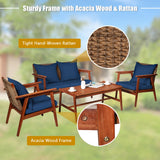 4 Pieces Acacia Wood Patio Rattan Furniture Set with Zippered Cushions