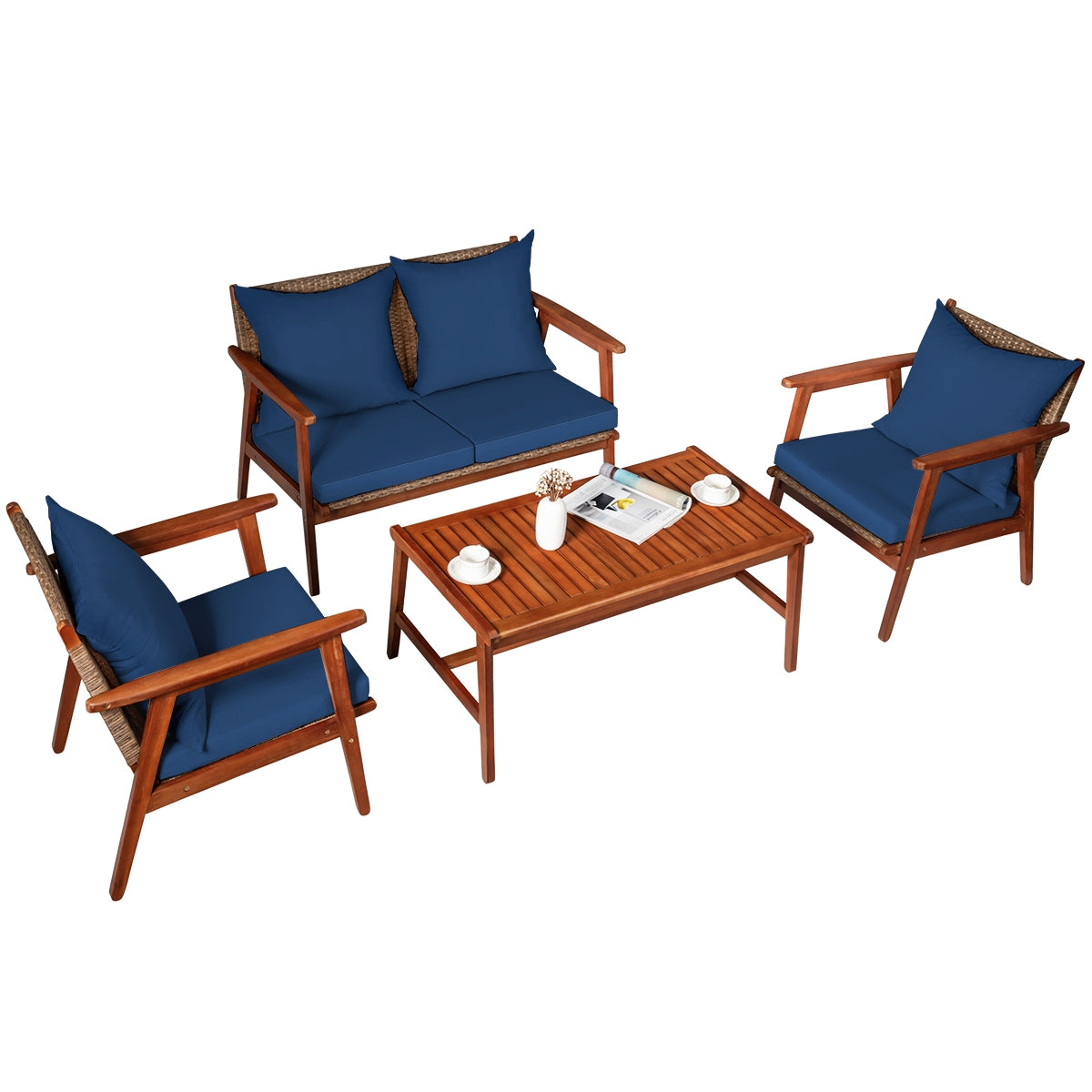 4 Pieces Acacia Wood Patio Rattan Furniture Set with Zippered Cushions