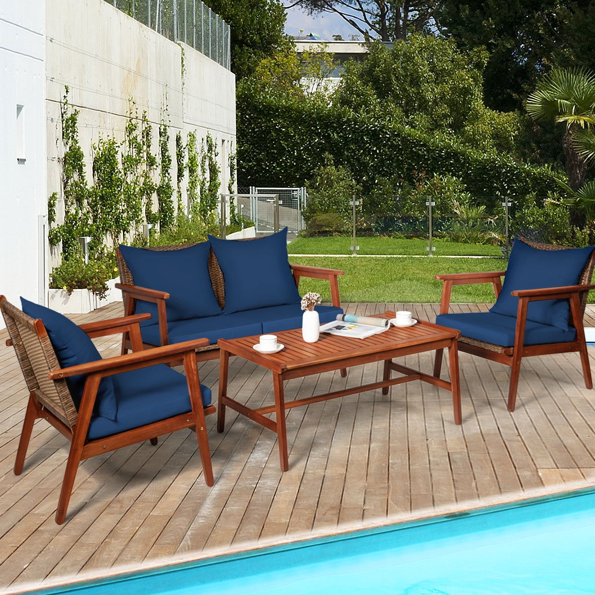 4 Pieces Acacia Wood Patio Rattan Furniture Set with Zippered Cushions