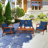 4 Pieces Acacia Wood Patio Rattan Furniture Set with Zippered Cushions