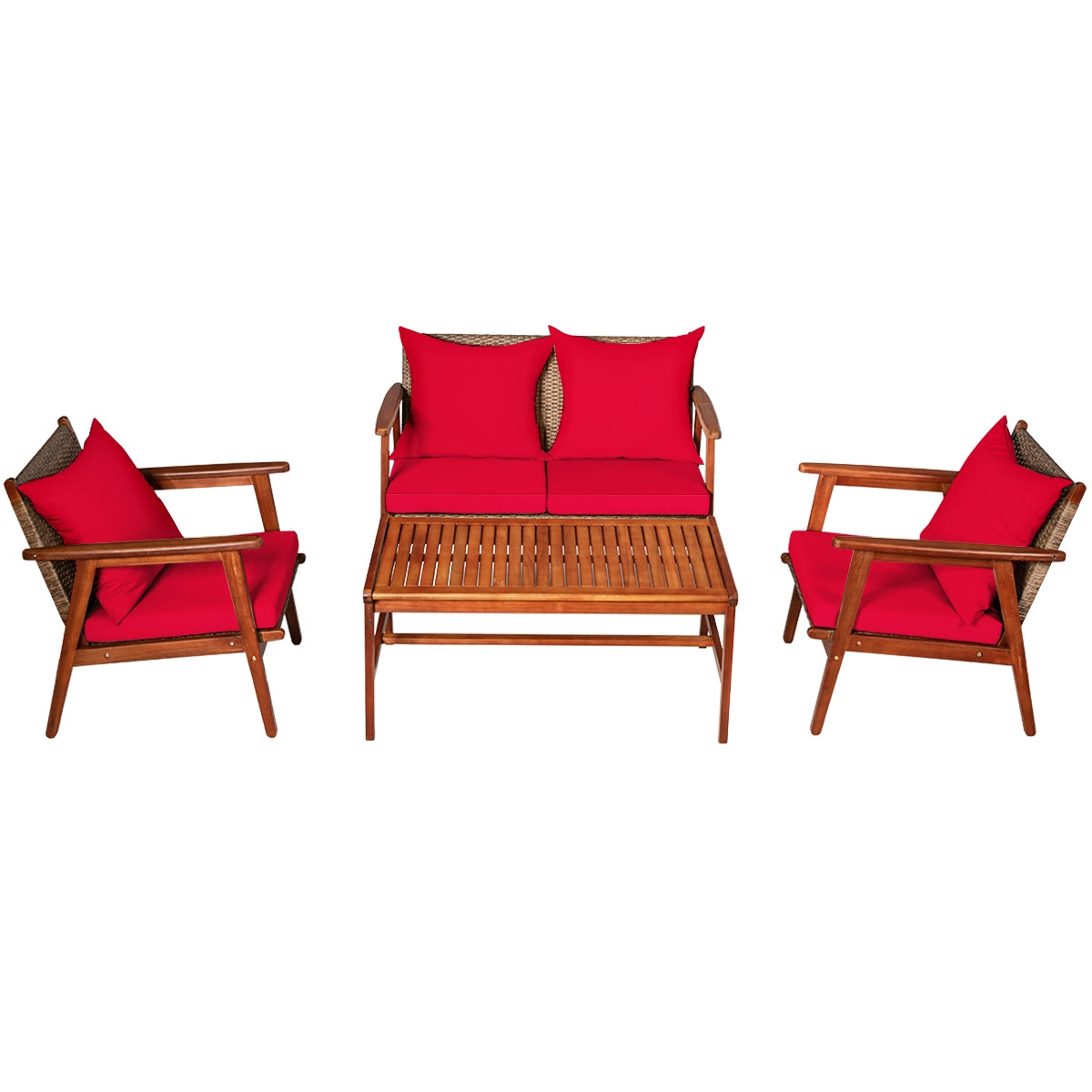 4 Pieces Acacia Wood Patio Rattan Furniture Set with Zippered Cushions