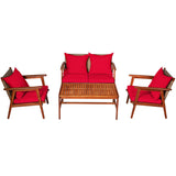 4 Pieces Acacia Wood Patio Rattan Furniture Set with Zippered Cushions