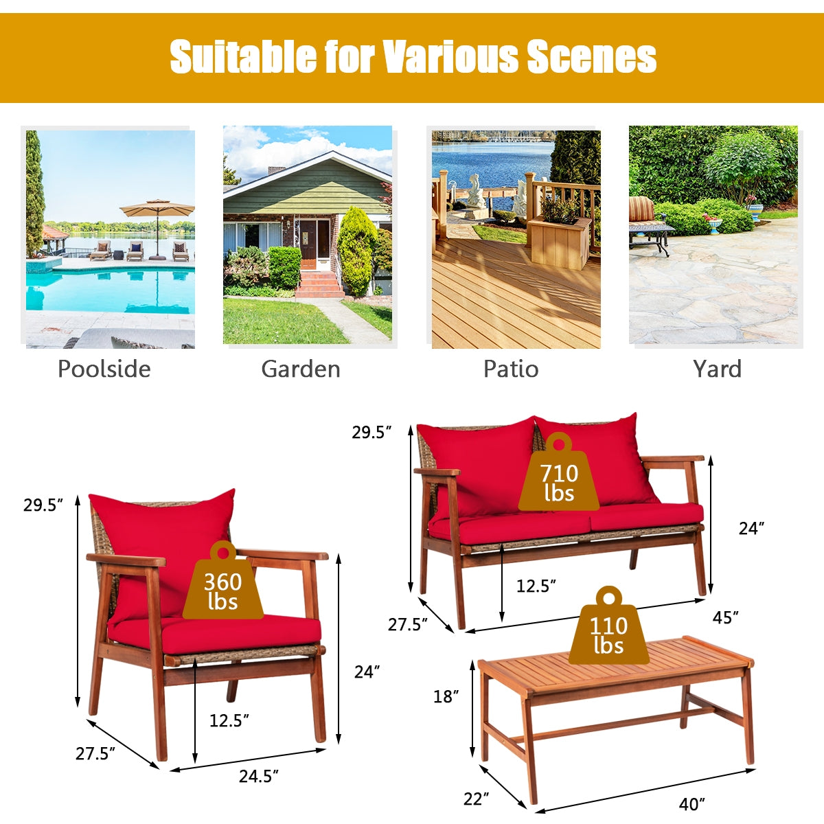 4 Pieces Acacia Wood Patio Rattan Furniture Set with Zippered Cushions