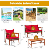 4 Pieces Acacia Wood Patio Rattan Furniture Set with Zippered Cushions