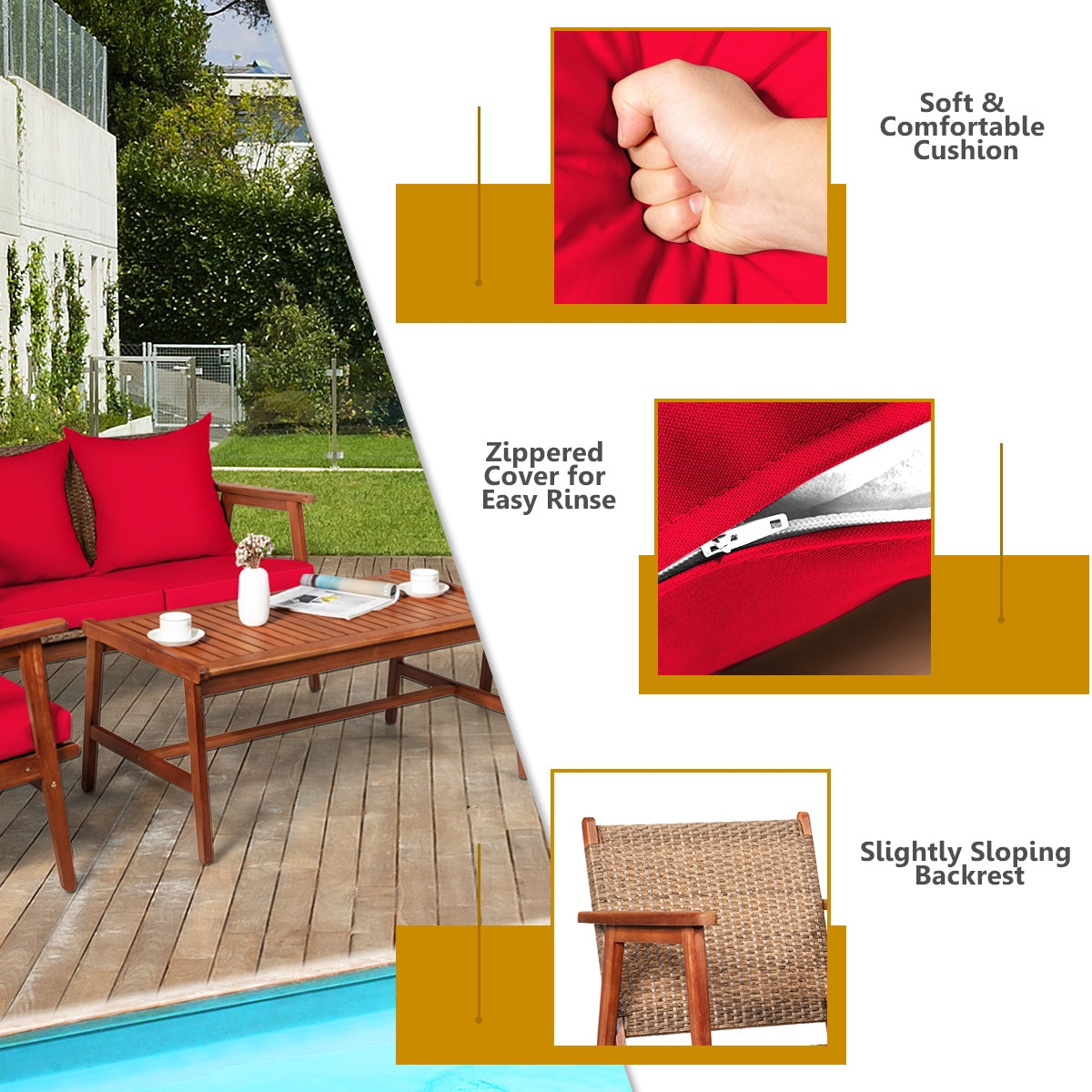 4 Pieces Acacia Wood Patio Rattan Furniture Set with Zippered Cushions