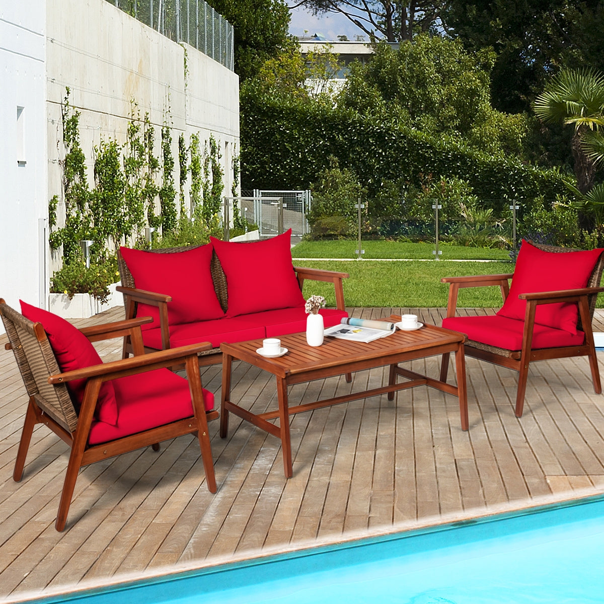 4 Pieces Acacia Wood Patio Rattan Furniture Set with Zippered Cushions