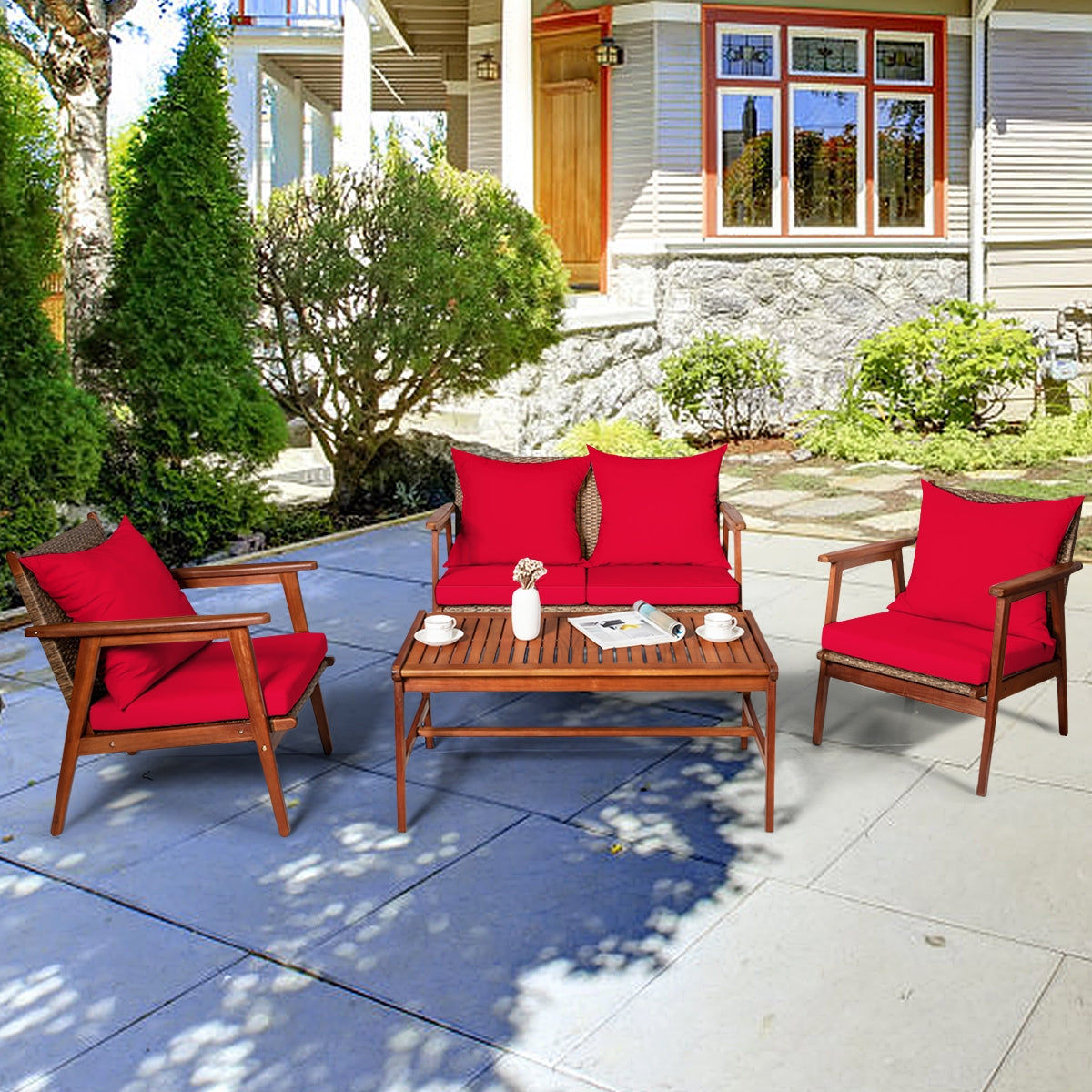 4 Pieces Acacia Wood Patio Rattan Furniture Set with Zippered Cushions