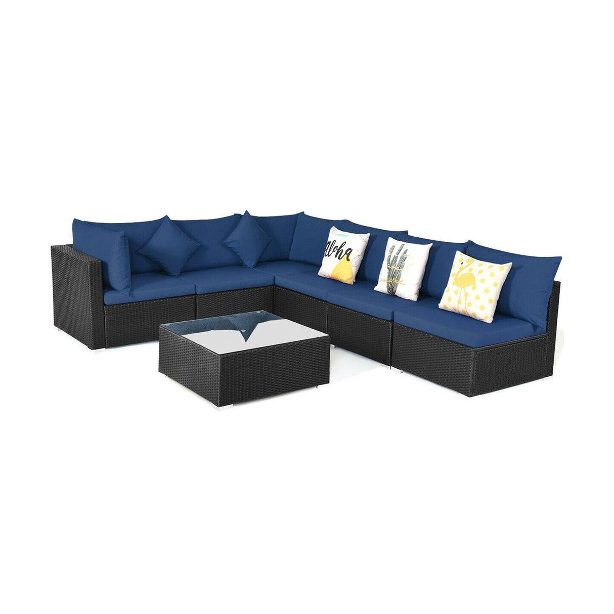 7-Piece Outdoor Sectional Wicker Patio Sofa Set with Tempered Glass Top
