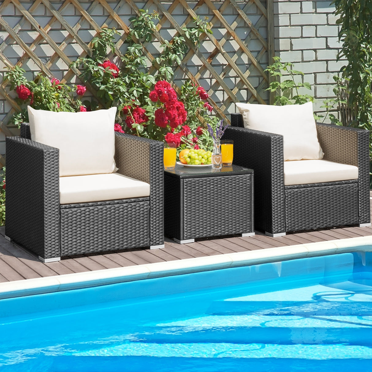 3 Pieces Patio Wicker Conversation SetÂ with Cushion