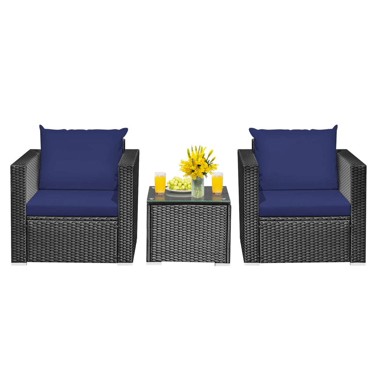 3 Pieces Patio Wicker Conversation SetÂ with Cushion