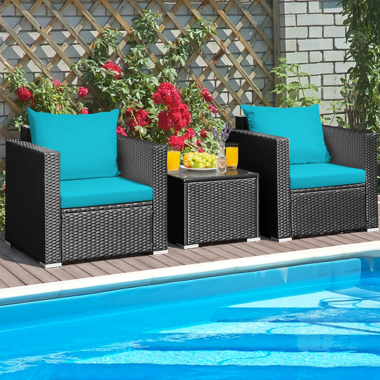 3 Pieces Patio Wicker Conversation SetÂ with Cushion