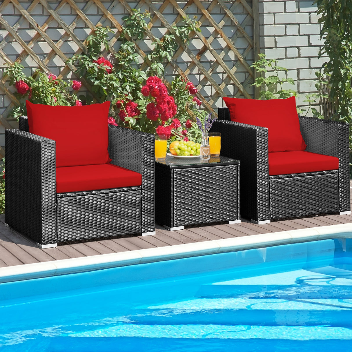 3 Pieces Patio Wicker Conversation SetÂ with Cushion